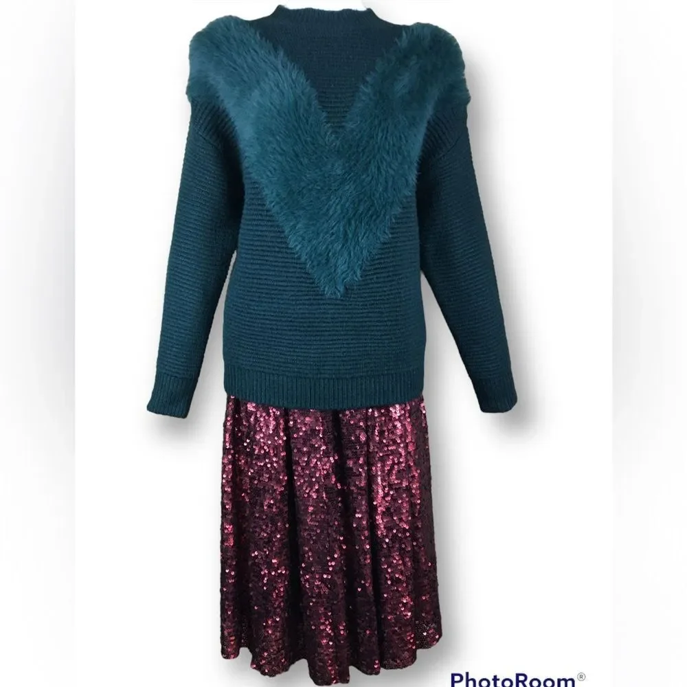 REVOLVE JOA Emerald Faux Fur Knit Sweater Pullover Crewneck Size M